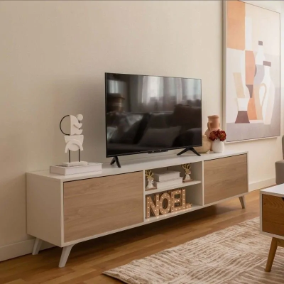Conjunto de Salón Mueble Completo: Bajo TV, Mueble Bar, Estantería y Mueble Colgar - Estilo Roble y Blanco.
