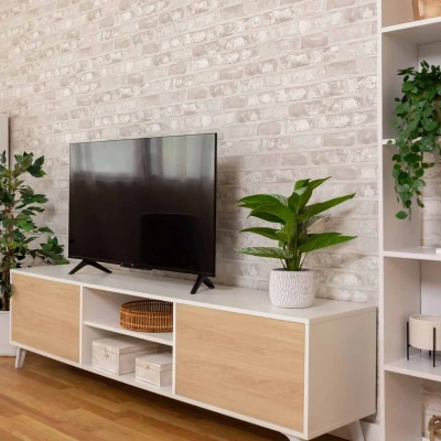 Conjunto de Salón Mueble Completo: Bajo TV, Mueble Bar, Estantería y Mueble Colgar - Estilo Roble y Blanco.